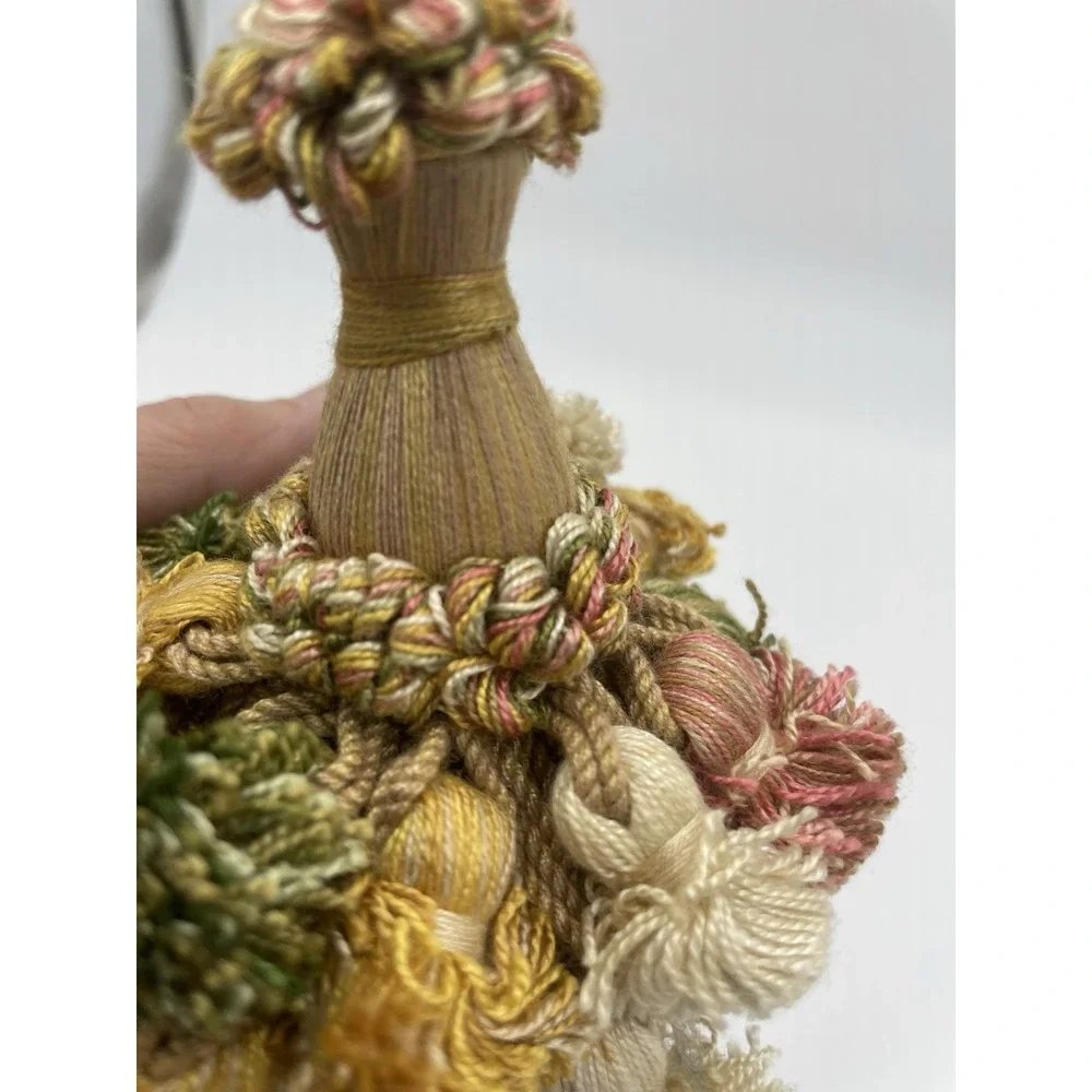 Vtg Lg French Double Tassel‎ Furniture Key Fob Cotton Green Pink Gold Beige
